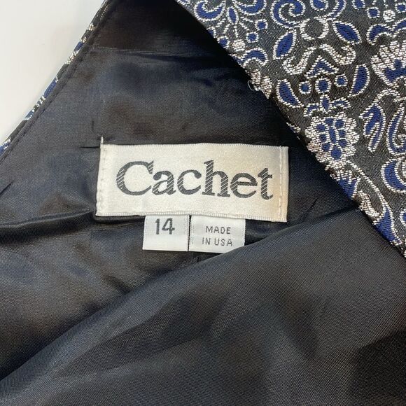 Cachet Metallic Brocade Sleeveless Top Beaded Hem Navy Silver Women’s Sz 14 - Picture 2 of 6